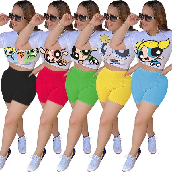 

summer women 2 piece pants set outfits cartoon print tracksuits short sleeve t-shirt biker shorts suits sportswear, White