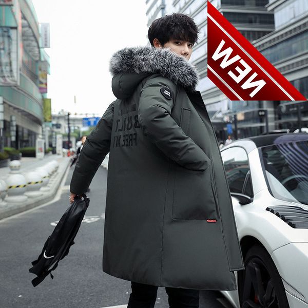 

long fashion mens down jackets fur collar hooded solid color parka winter thicken warm outdoor windproof thick coats male, Black