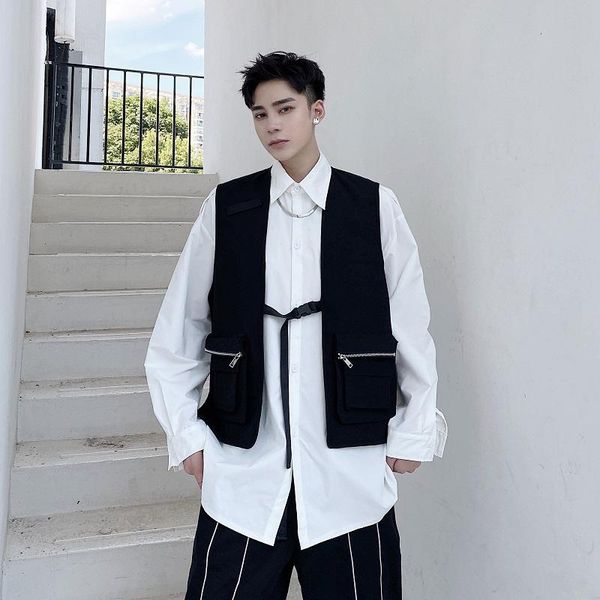 

men's vests male black vintage sleeveless coat waistcoat men women streetwear hip hop fashion couple casual function vest jacket, Black;white