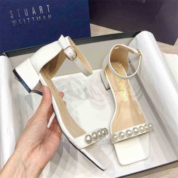 

sw new style thick heel sandals with pearl in one line women's shoes with square head temperament fairy style women's shoes with m, Black