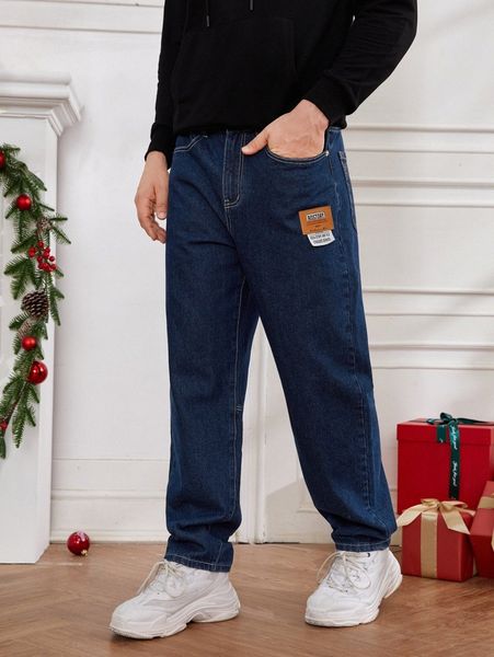 

men slant pocket patch detail jeans 81yc#, Blue