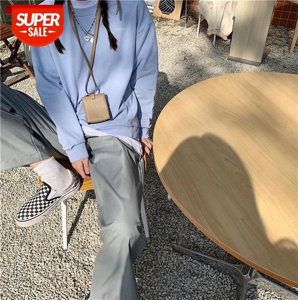 

spring baby blue tailoring special round neck long-sleeved sweater + fog gray casual wide-leg straight-leg pants #sv1q, Black