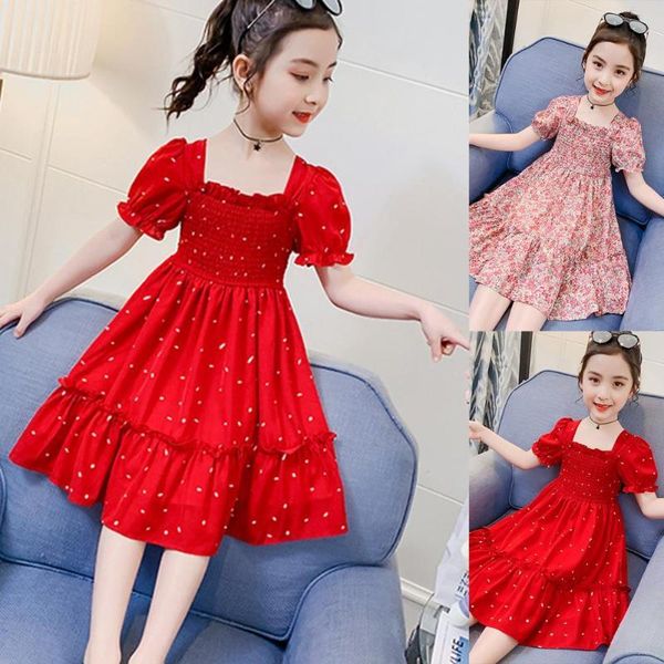 

girl's dresses children dress puff sleeve lace up long length girls lacework square collar for holiday, Red;yellow