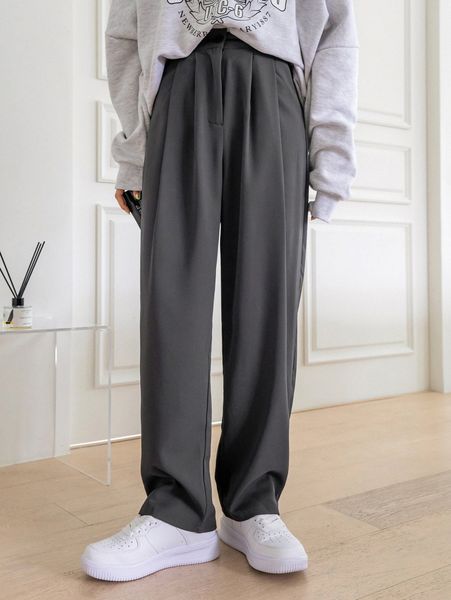 

dazy plicated detail straight leg pants 85aw#, Black;white