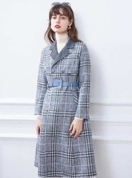 

women's clothing 2021 winter classic plaid slim woolen coat wool & blends, Black