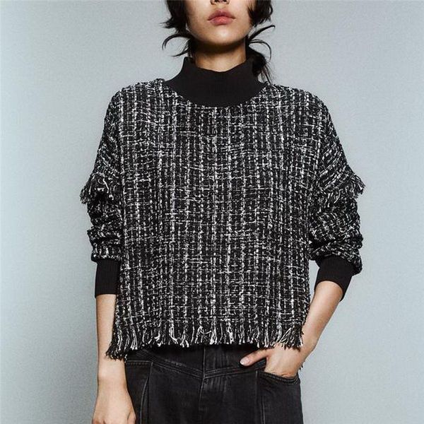 

women's blouses & shirts 2021 autumn and winter pullover women trend tassel bright wire grid pattern tweed high-end explosion ladies t, White