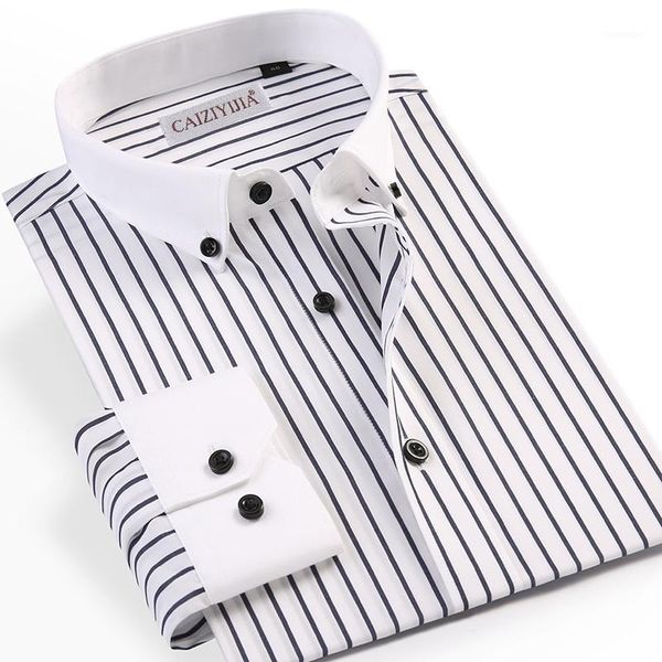 

men's casual shirts caiziyijia mens patchwork collar vertical striped dress men standard-fit button up long sleeve cotton shirt1, White;black