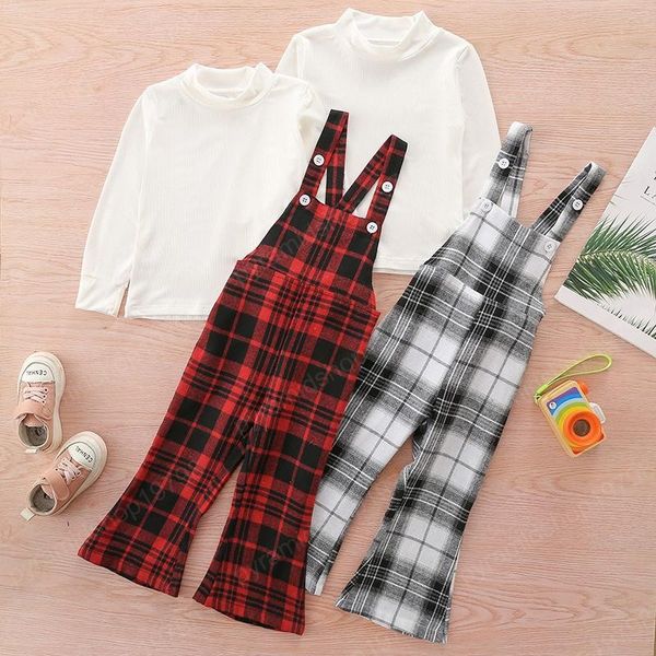 

kids clothing sets girls lattice outfits children pullover +plaid overalls strap pants 2pcs/set spring autumn boutique baby clothes, White