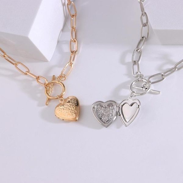 

chains stylish gold heart locket necklace with 3d pendant charms neck link jewelry women fashion accessories, Silver