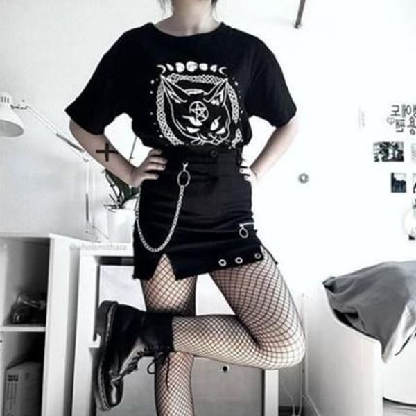 

suchcute gothic women skirts with metal chain split modis mini a-line skirt black summer 2021 streetwear female party outfits