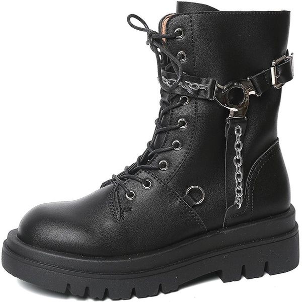 

boots 2021 women fashion winter metal chain decoration punk motorcycle boot side zipper high platform ankle, Black