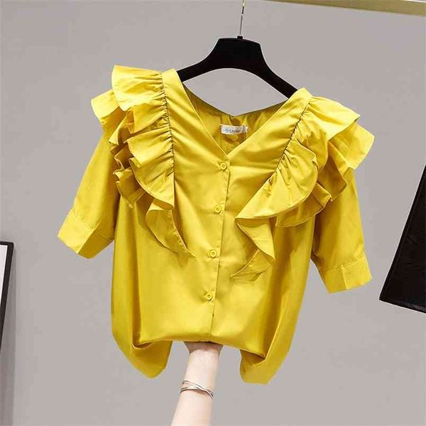 Sommer Frauen Kurze Ärmel V-ausschnitt Süße Rüschen Gelb Weiß Hemden Weibliche Casual Pullover Tops Mädchen Damen Hemd Bluse 210428