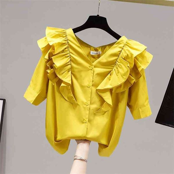 

summer women short sleeves v neck sweet ruffles yellow white shirts female casual pullover girls ladies shirt blouse 210428