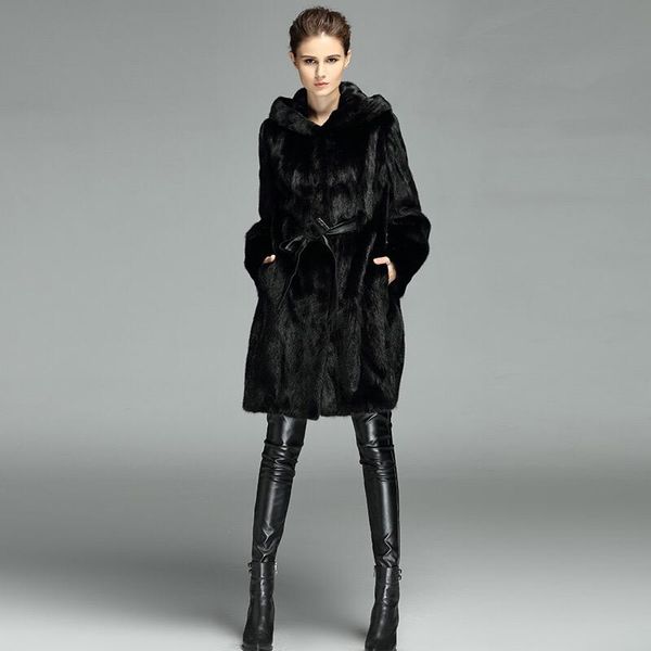 

women's fur & faux ifur natural mink long vest real gilet winter women coat, Black
