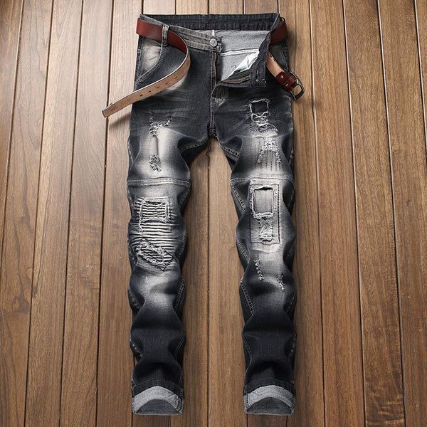 

fashion men's straight denim jeans slim casual trousers skinny pants black, Blue