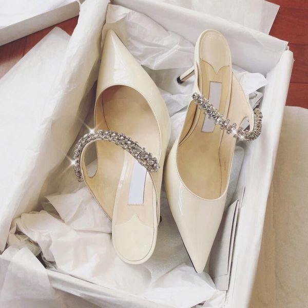 

slippers spring crystal woman mules slingback mary janes ladies shoes glitter rhinestone patent leather summer sandals, Black