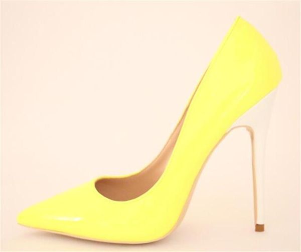 

ladies charming pointed toe yellow patent leather white stiletto heel pumps 12cm classical style high heels formal dress shoes, Black