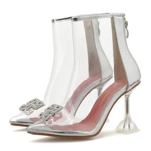 

sandals women mid heel summer ladies shoes rhinestones pointed toe pvc 9.5cm strange style high heels slip on zip, Black