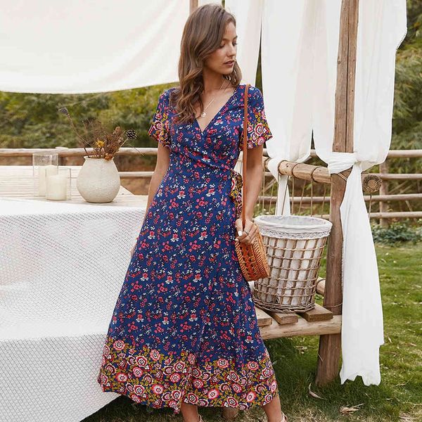 

summer floral women high waist sashes a-line long 2021 short sleeve v-neck bohemian beach dress vestidos#j30, Black;gray