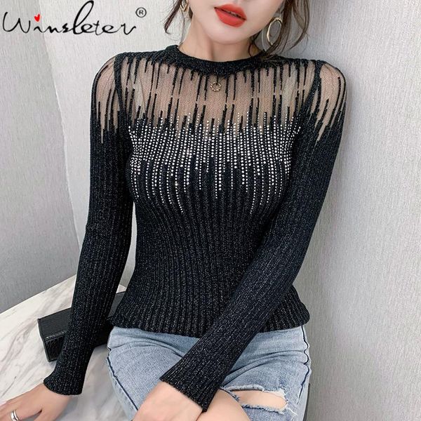 

women's t-shirt autumn winter korean clothes knit diamonds transparent women ropa mujer shirt long sleeve elastic tees t08415l, White