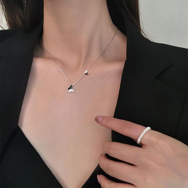 

big small two butterfly cubic zirconia clavicle chain necklace for women statement collares boho korean dainty jewelry pendant necklaces, Silver