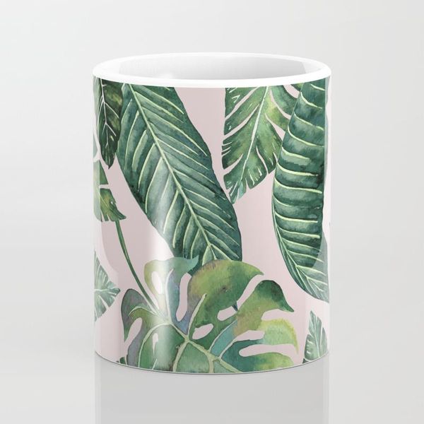 

mugs jungle leaves, banana, monstera pink #society6 coffee mug