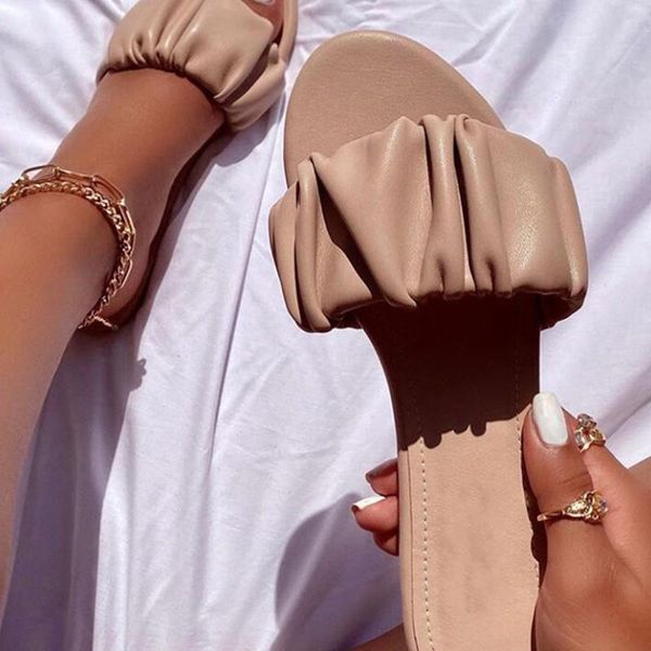

drop female shoes pu folds flat sandals black leather slippers for women
