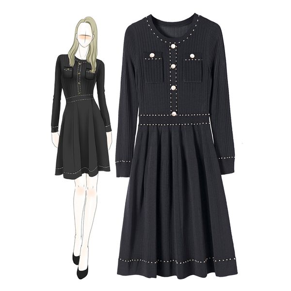 

casual dresses fall autumn white / black long sleeve round neck contrast color knitted panelled buttons knee-length fashion dress & o1599270, Black;gray
