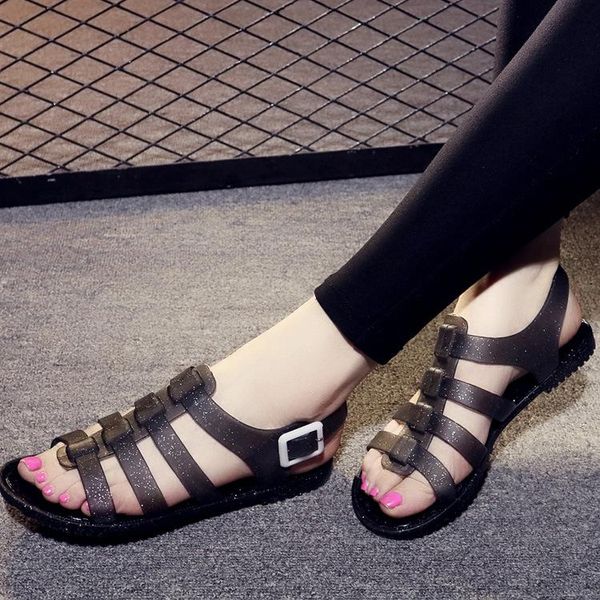 

women flat sandals gladiator buckle soft pvc jelly female casual women's shoes woman beach summer, Black
