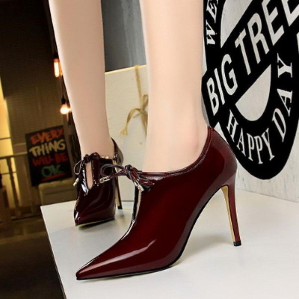 

boots women fashion spring ankle female patent leather lacing elegant solid color pumps casual party short, Black