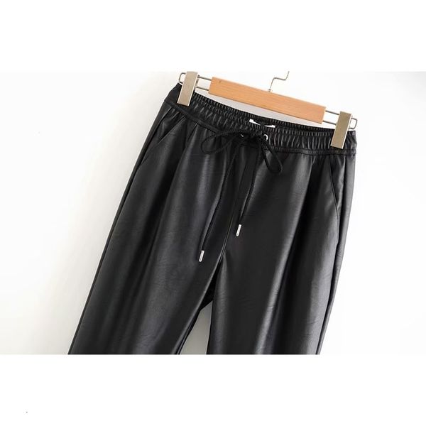 

capri black women chic plutonium leather elastic waistband long elegant length drawstring bottoms tie basic women's pants, Black;white
