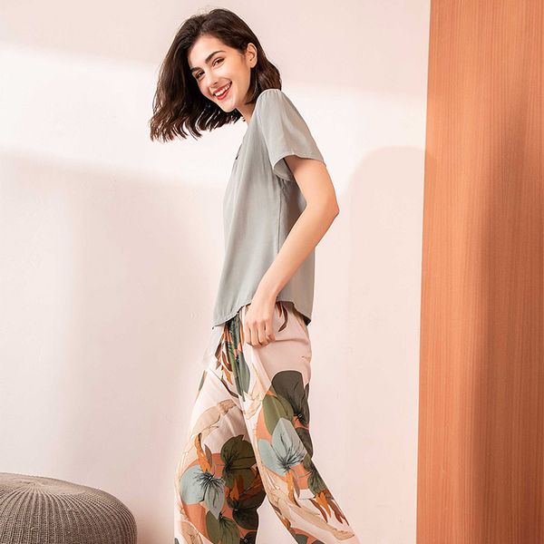 

floral printed pyjama sleepwear female casual v neck short sleeve elastic waist nightwear retro womens pajamas sets pijamas, Black;red