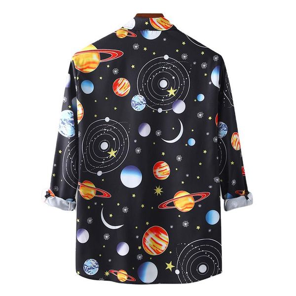 

#36 long sleeve 3d planet printed loose mens pullover blouse casual button down baggy lapel shirt camisas para hombre men's shirts, White;black
