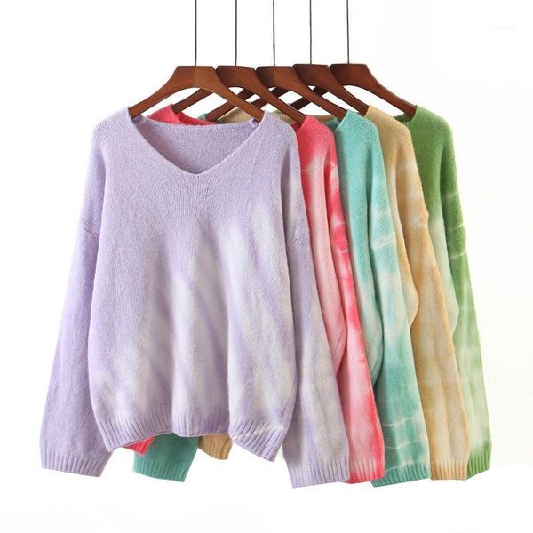 

women's sweaters tie dye v neck casual women knitted sweater 2021 spring autumn long sleeve pullover ladies, White;black