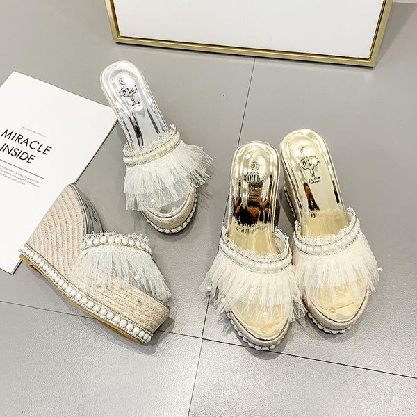 

slippers swonco platform women summer shoes lace 2021 female fashion casual pearl wedges slides sole, Black