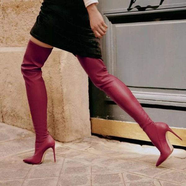 

boots pu leather women thigh high autumn winter pointed toe ladies shoes black red heels over the knee long