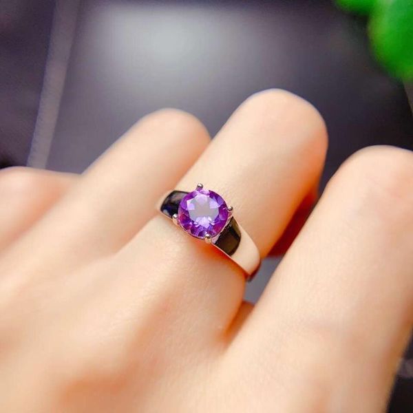 

cluster rings colife jewelry simple silver amethyst ring 7mm natural 925 gemstone gift for woman, Golden;silver