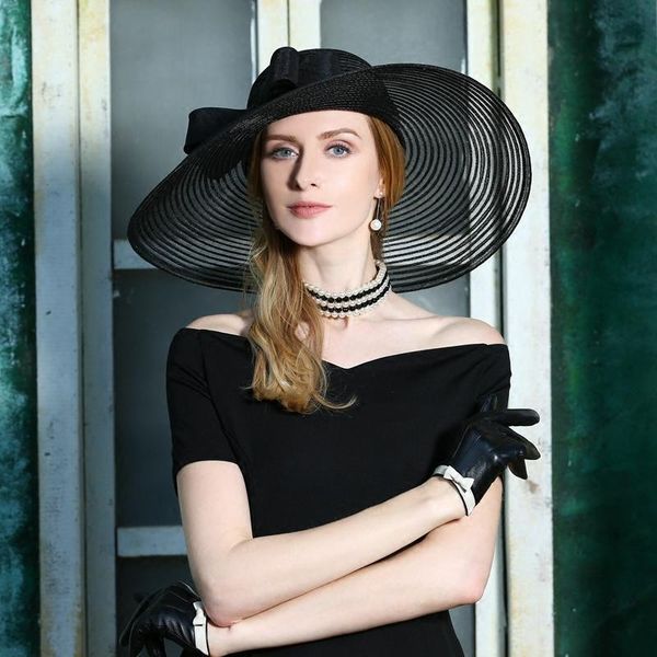 

stingy brim hats lady linen fedoras hat summer royal sapphire blue large wedding with for women bowknot elegant party b-8185, Blue;gray