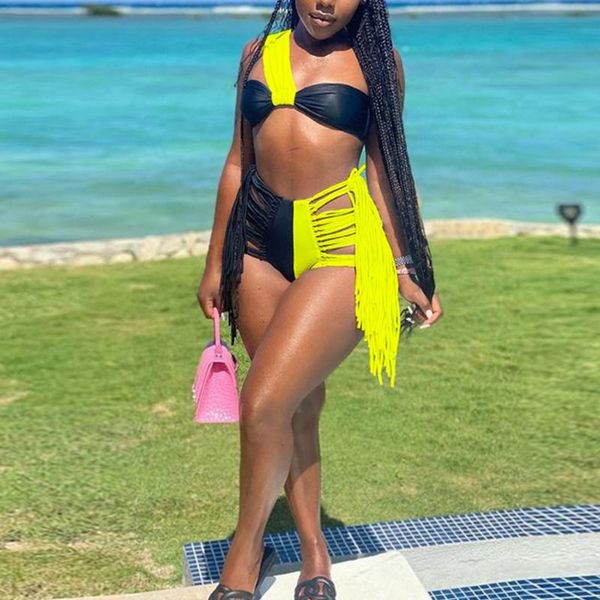 

one-piece suits women 2pcs bikini set one shoulder color block swimsuit tassel bathing suit mxmc
