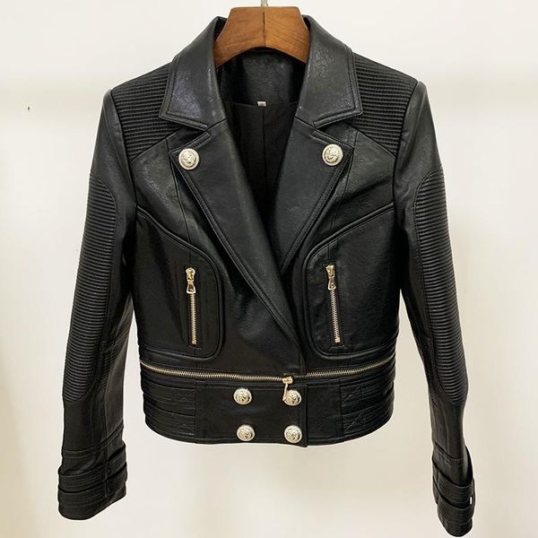 

women's leather & faux excellent quality 2021 designer jacket lion buttons synthetic motorcycle rider, Black