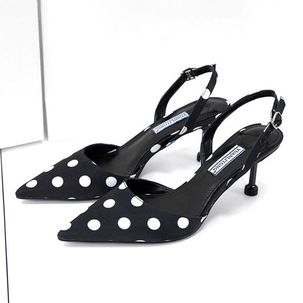 

dress shoes elegant pointed toe polka dot women sandals 2021 summer korean thin high heel sandalen trendy buckle slingback, Black