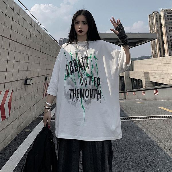 

women's t-shirt 2021 summer short-sleeve women korean ins harajuku bf wind letter printing loose wild men and female tide, White