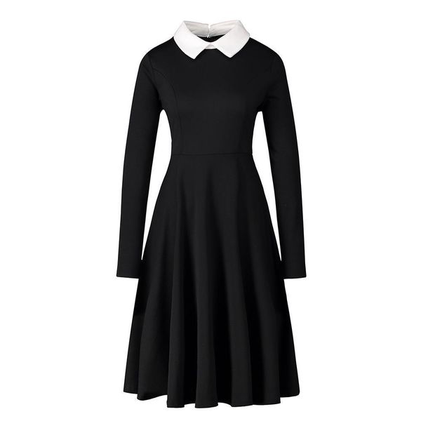 

autumn women dress womens elegant a line dresses peter pan collar long sleeve black solid vintage, Black;gray