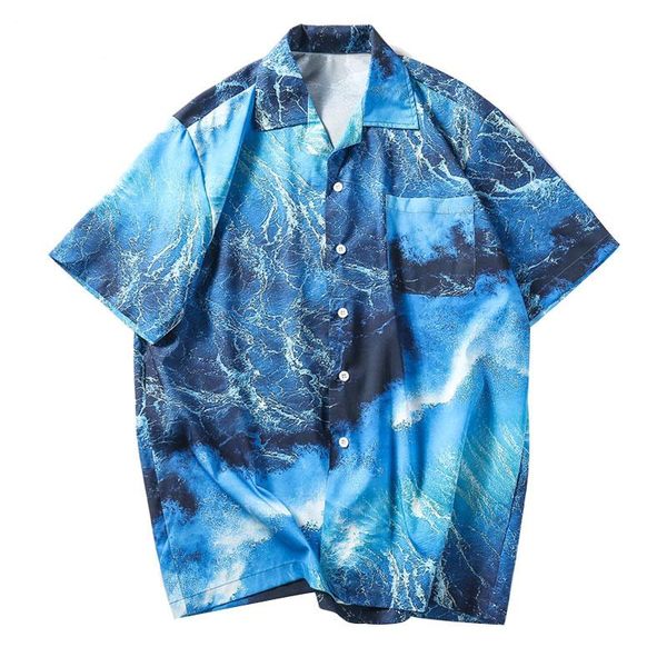 

men's casual shirts hop hip streetwear hawaiian men sea wave print beach summer aloha camp holiday short sleeves shirt male, White;black