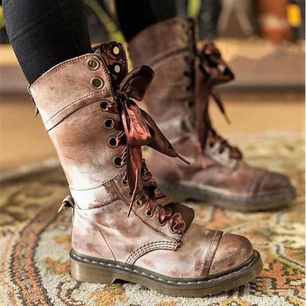 Bottes Vintage fleur doublure ruban fermé à lacets avant Rivet rétro talon épais décontracté professionnel nœud boucle Boho chaussures