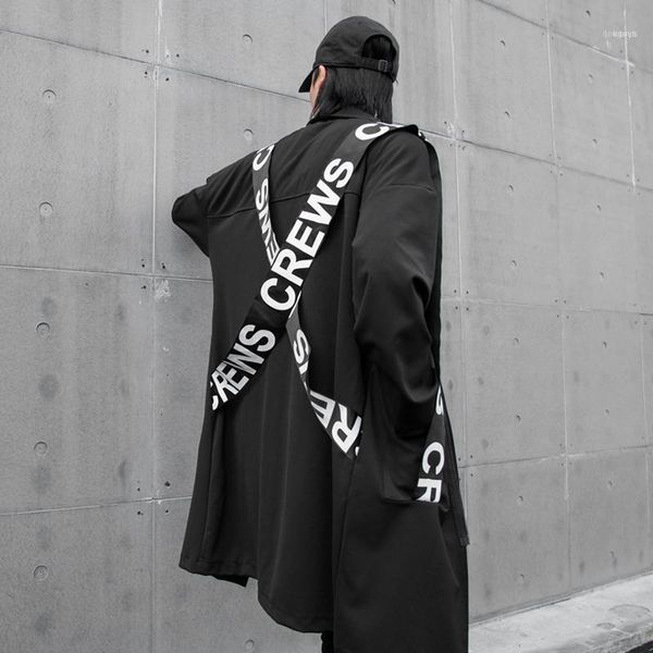 

autumn winter men ribbons patchwork punk hip hop long trench coat man vintage zipper jacket gothic streetwear1, Tan;black