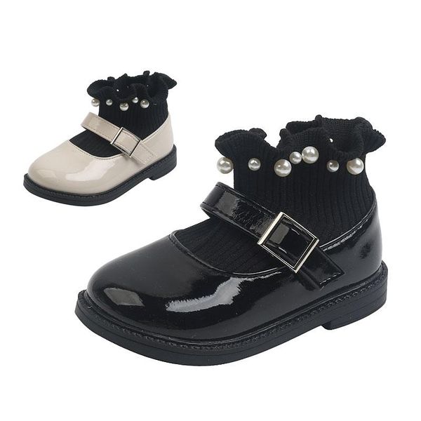 

boots little kids pearl shoes for girl kint ankle patent leather 2021 autumn baby child school uniform dress princess shoe 21-36, Black;grey
