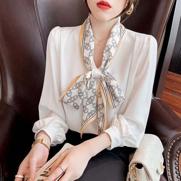

women's blouses & shirts elegant fashion women bow v-neck puff sleeve shirt spring office female casual work blouse blusas mujer with, White