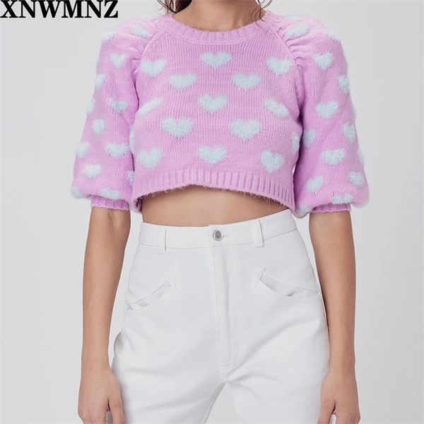 Frauen Rosa Pullover Pullover für Liebe Weibliche O Neck Puff Sleeve Lange Zitronen Cropped Strickwaren Herbst Herbst 210520