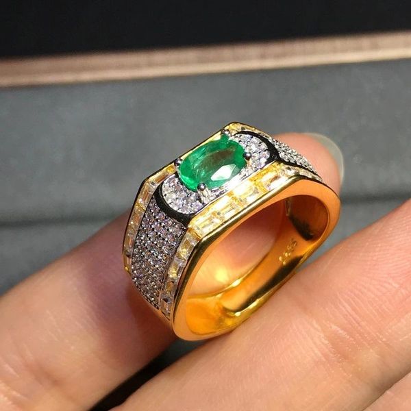 

cluster rings natural emerald ring 925 silver man luxurious atmosphere dignified and elegant, Golden;silver